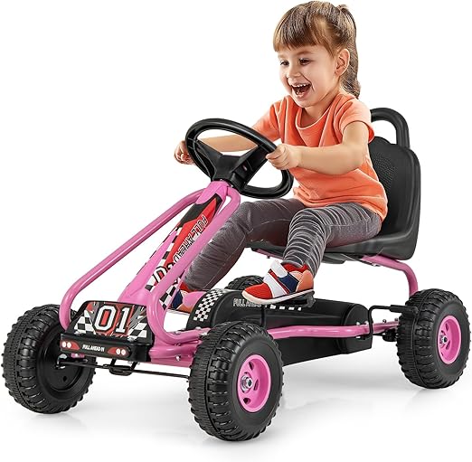 Costzon Go Kart for Kids, 4 Wheel Pedal Powered Go Cart with Adjustable Seat, Handbrake & Non-Slip Wheels, Outdoor Racer Ride On Pedal Car, Gift for Boys Girls (Pink)