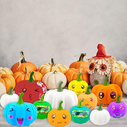Miniatura 5 de Decoración de calabaza para manualidades de Halloween, 12 calabazas artificiales blancas con calcomanías para niños, decoración de otoño para