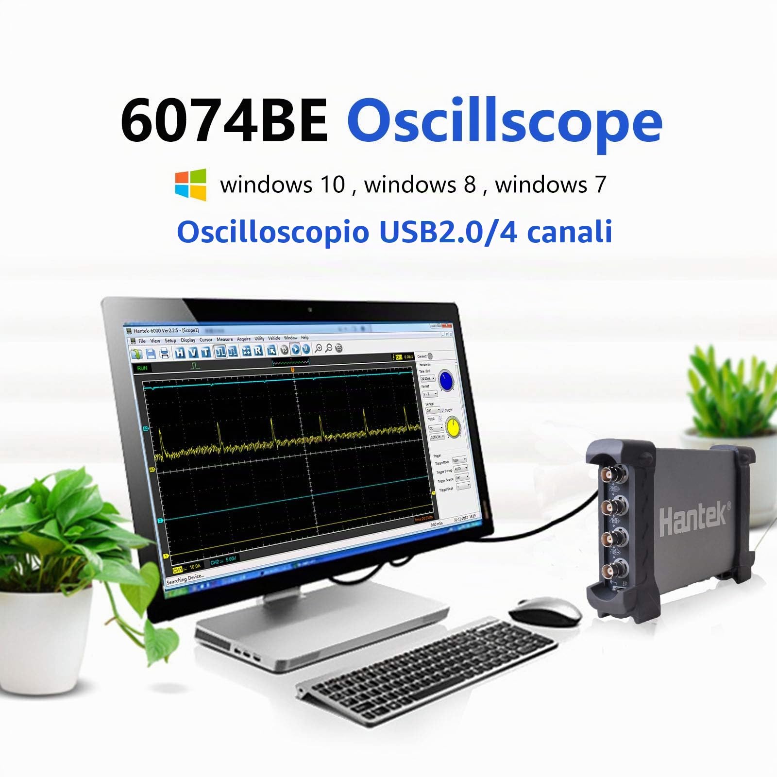 Hantek 6074be - Oscilloscopio diagnostico USB compatibile con PC, a 4 canali, 70 MHz, per settore automobilistico