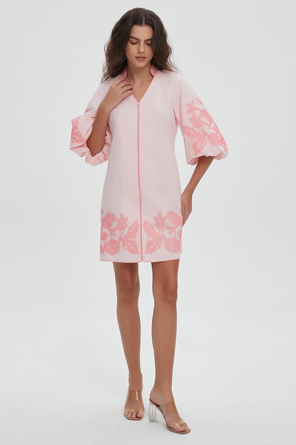 D-Sun Women Floral Embroidery Mini Dress 3/4 Puff Sleeves V Neck Tunic Mini Dress Zip Party Dresses - Image 6