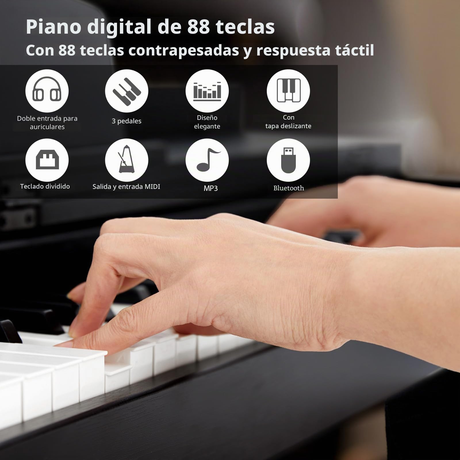 MUSTAR Piano E de 88 teclas, piano digital, piano eléctrico con soporte para piano, 3 adaptadores de pedales, 2 conectores para auriculares, pantalla LCD, USB/MIDI, piano para principiantes
