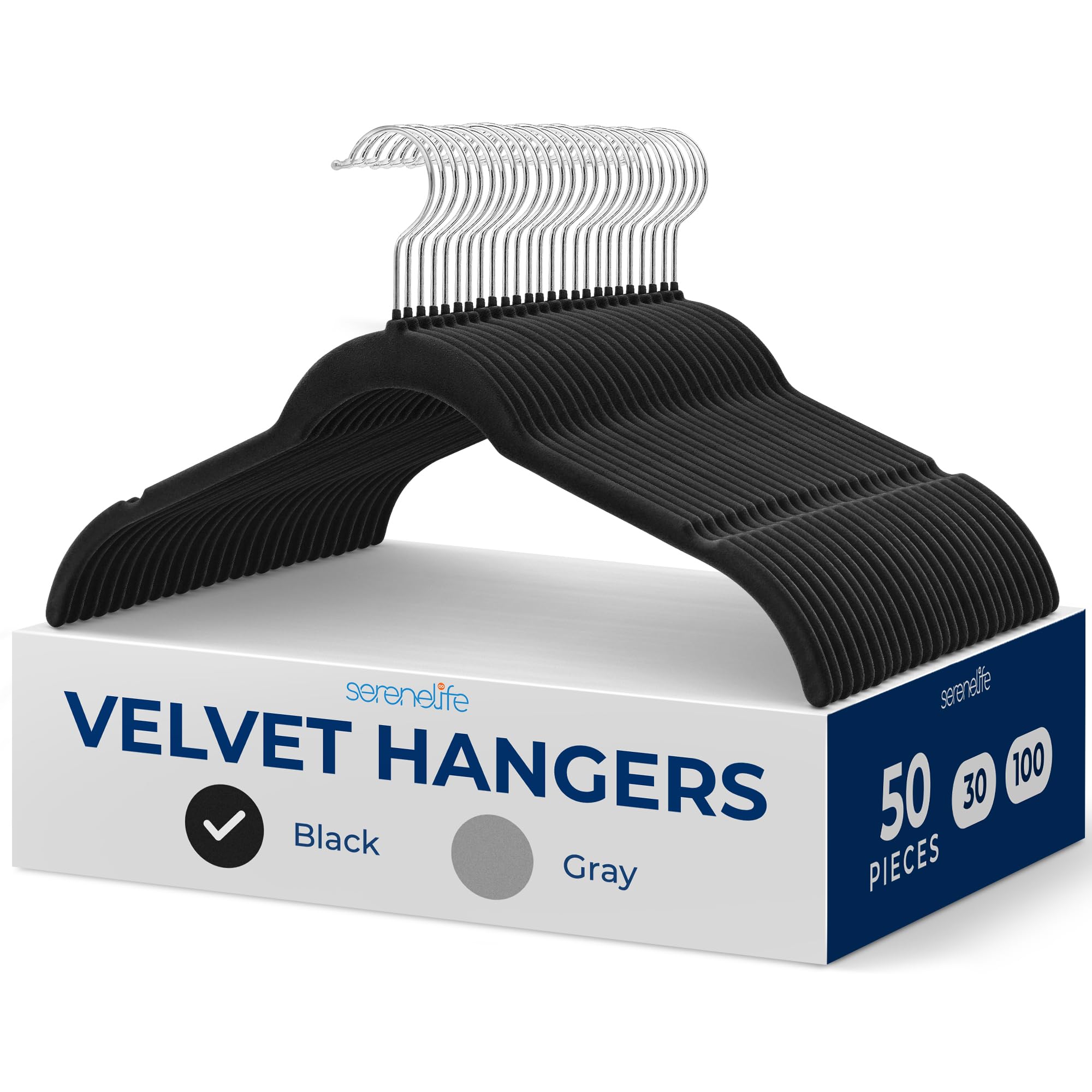 Serenelife Black 50-Piece Shirt Hangers, Premium Non-Slip Velvet Hangers Pack With 360° Swivel Hooks, Slim Space-Saving Design For Tops, Jackets, Blouses, & Strappy Dresses, Supports 8 Lbs, (Black)
