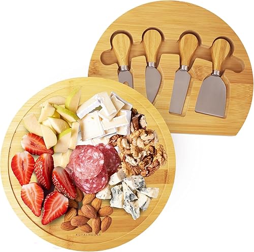 Miniatura 38 de RoyalHouse Tabla redonda de bambú para quesos y 4 cuchillos con cajón deslizante para cubiertos, juego de tablas de charcutería, regalos