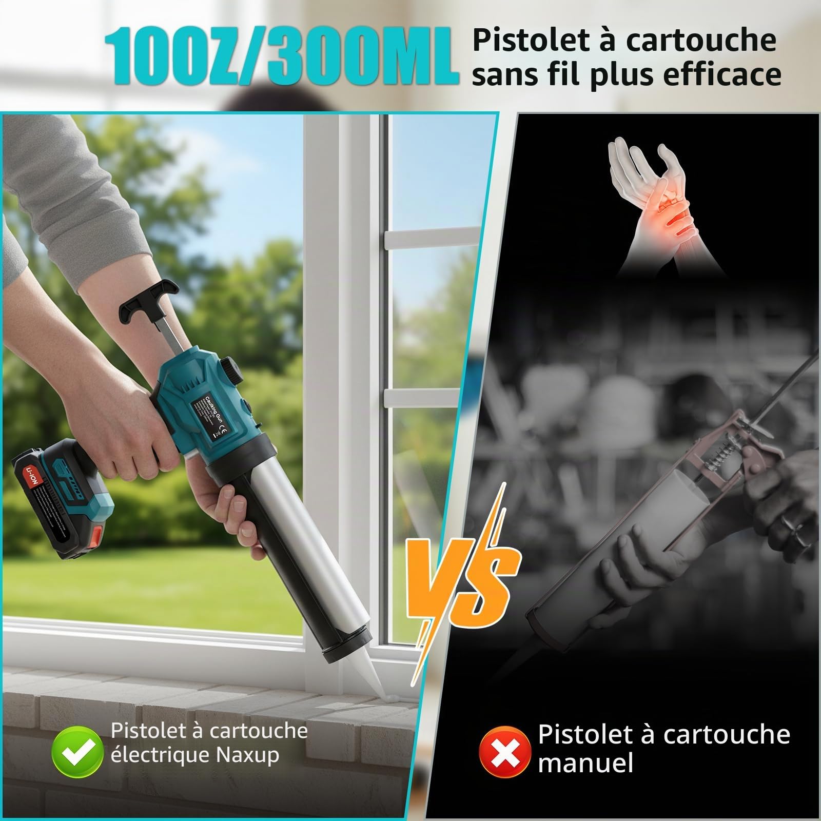Pistolet à Cartouche Électrique sans Fil 300 ml avec Batterie 2000 mAh, Lumière LED, Vitesse Réglable, Bleu