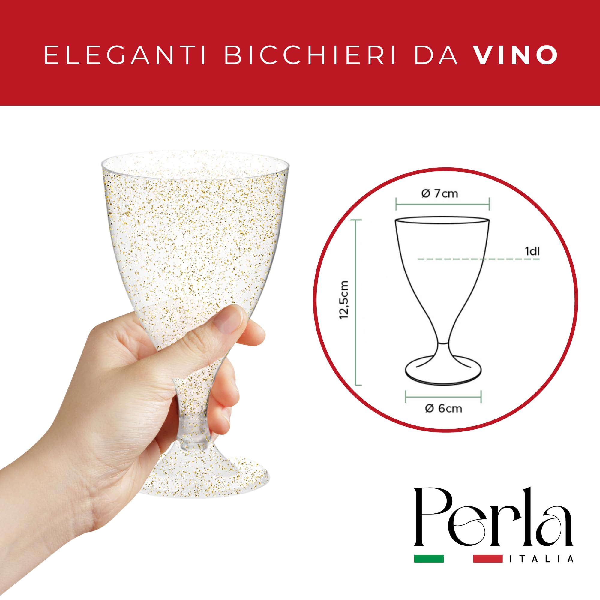 Perla - 48 Calici da Vino in Plastica Rigida - Trasparente con Glitter Dorati da 180ml - Bicchieri Resistenti e Riutilizzabili - Bicchiere Calice Vino per Compleanni Matrimoni e Feste