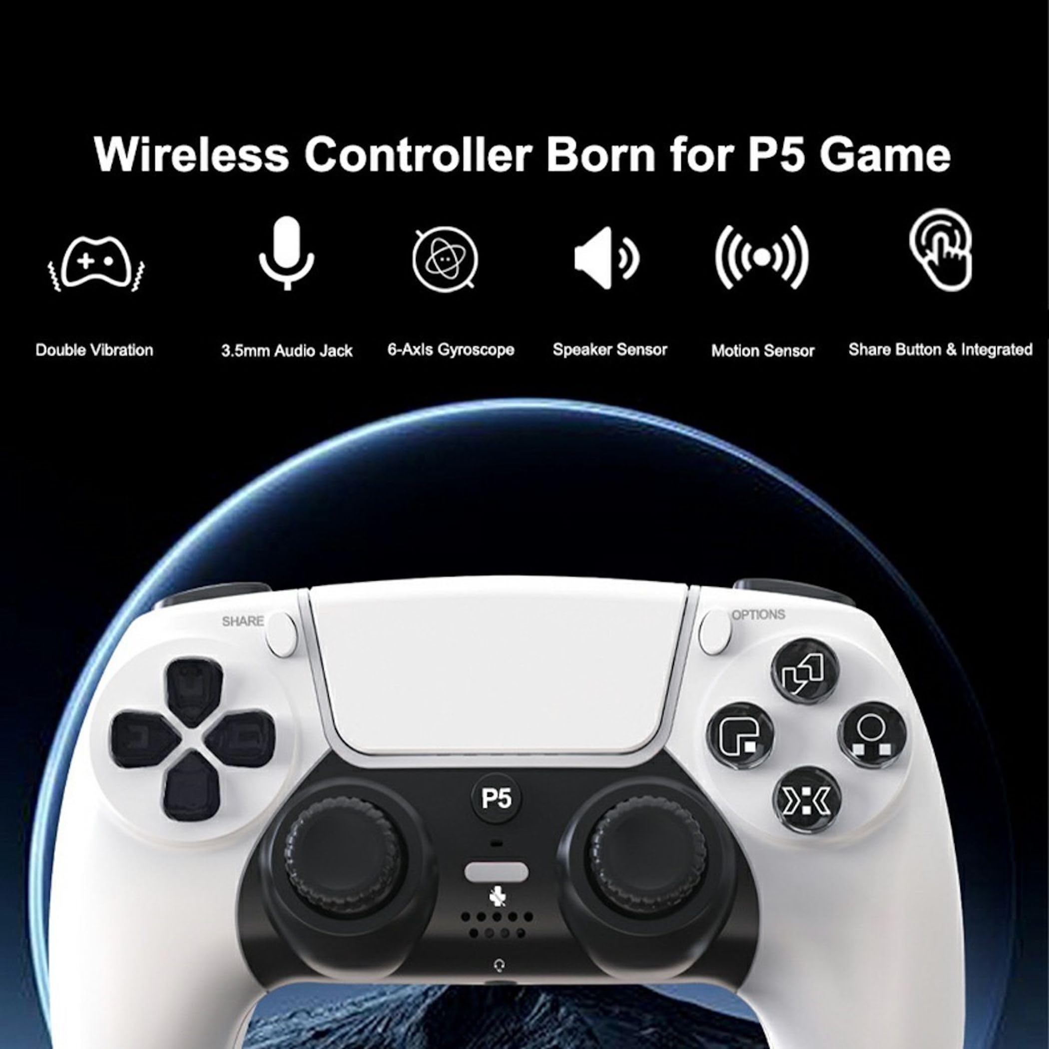 Wigento Wireless Controller für PS5, Hall Effekt Joysticks, 6 Achsen Gyroskop, Dual Vibration, Bluetooth 5.3, Touchpad, Gaming Gamepad (Weiß)