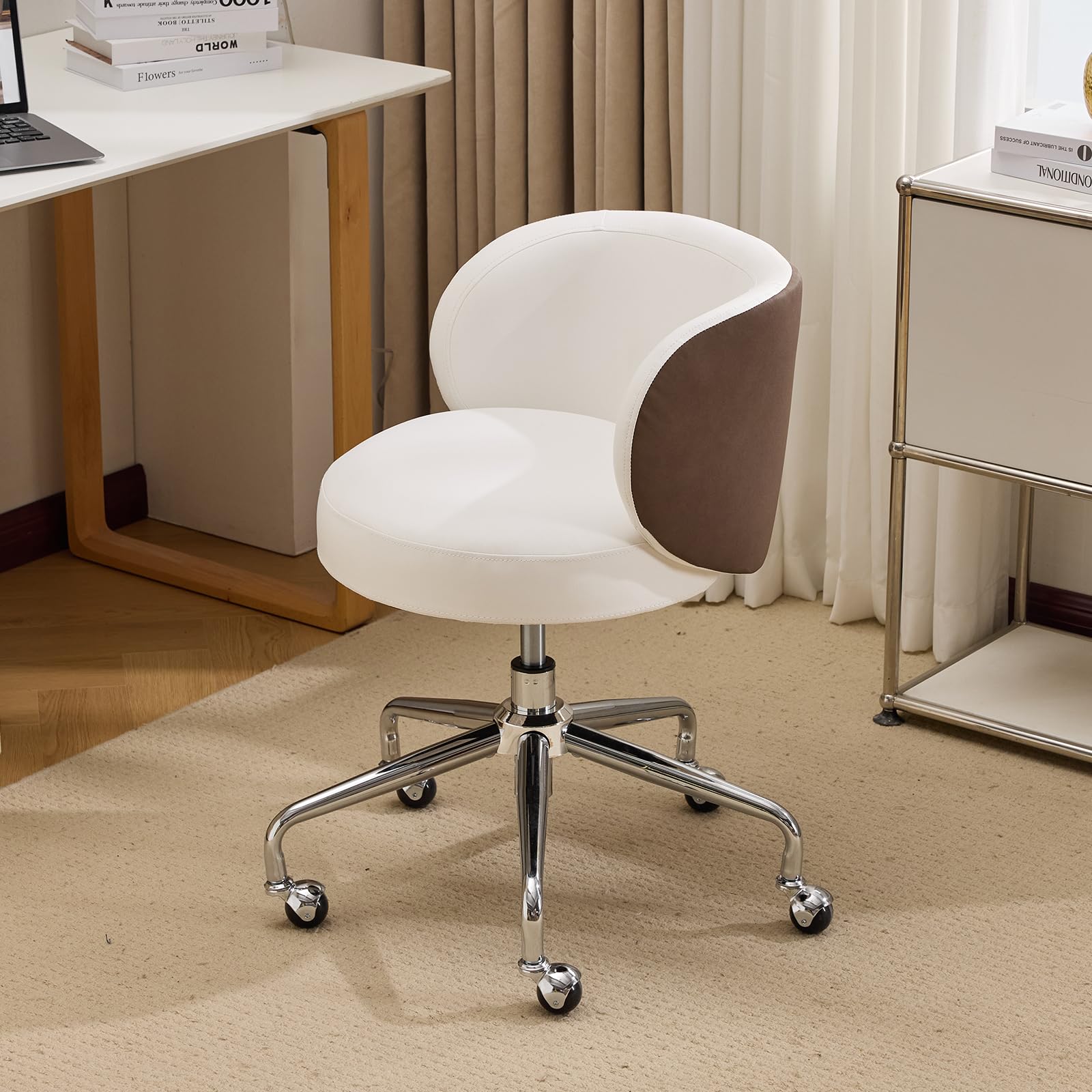 Bonnlo Cute Swivel Vanity Chair, Small Comfy Office Desk Chair with Wheels, Ergonomic Modern Dressing Table Chair with Adjustable Height for Home Office, Bedroom, Dressing Room, PU, White and Brown