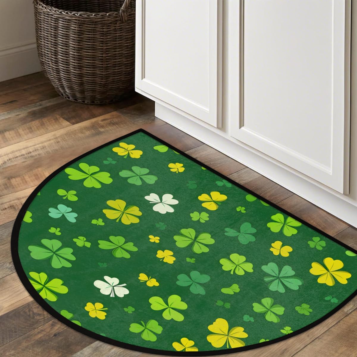 Front Door Mat Indoor Outdoor Entrance, St. Patrick's Day Clover Half Round Door Mat Absorbent Non-Slip Backing Welcome Doormat Patio Entryway Low Profile Floor Mats for Kitchen Fireplace 36" x 24"