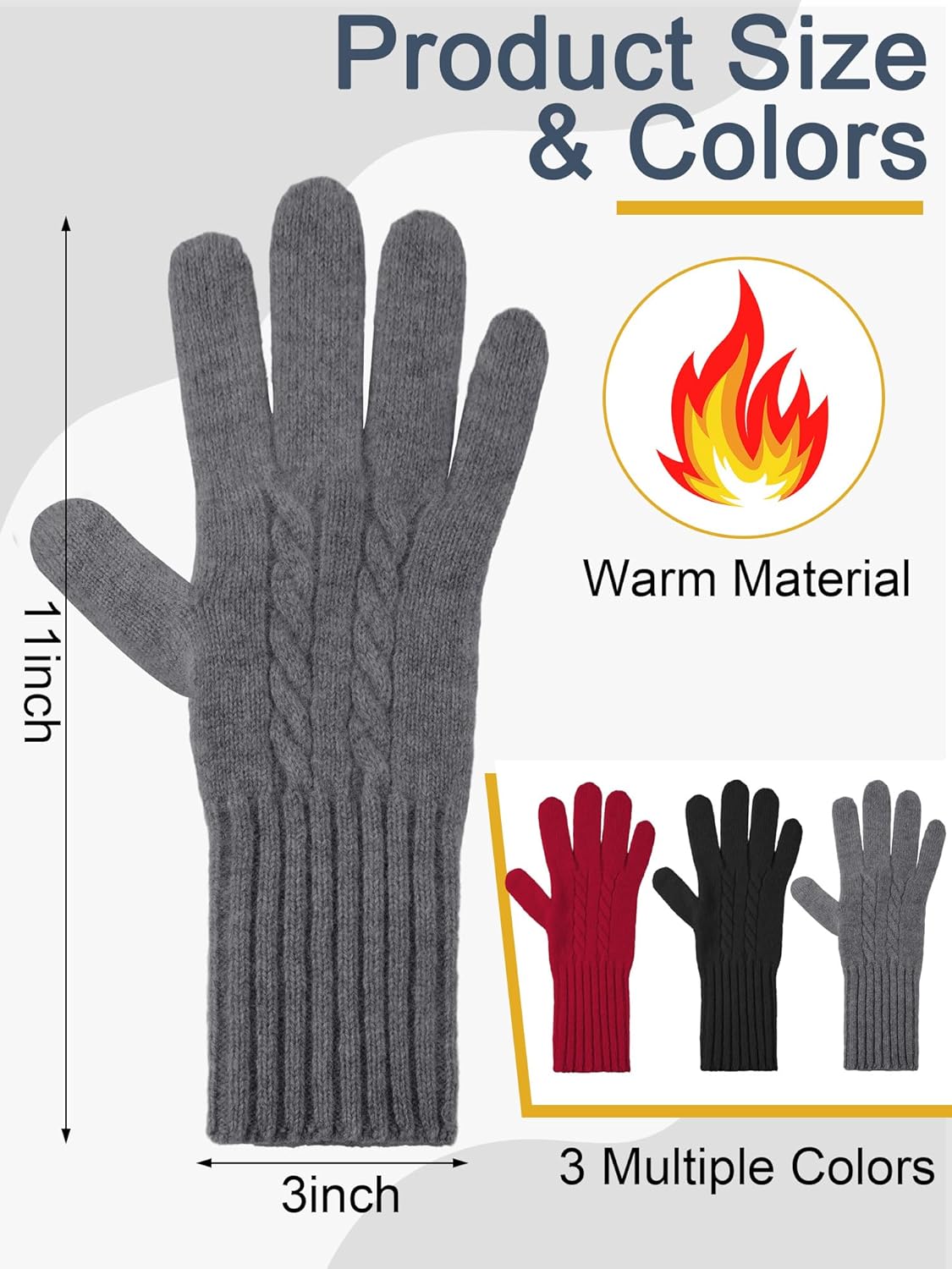 Shihanee 3 Pairs Pure Wool Knit Gloves Women Touchscreen Warm Gloves with Long Wrist Cuffs Windproof Cold Weather Gear - Image 2