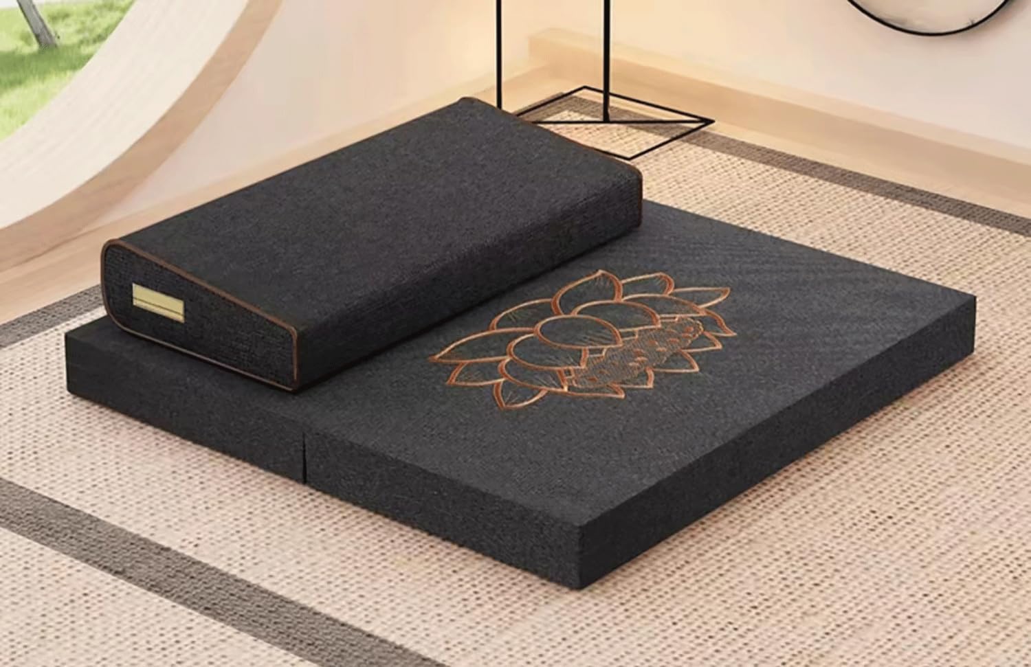 Estera De Meditación Hecha A Mano, Cojín De Suelo Plegable Portátil, Cojín De Yoga De Lino Y Fibra De Coco para Exteriores(Size:70x70cm(28x28inch),Color:Black-1)