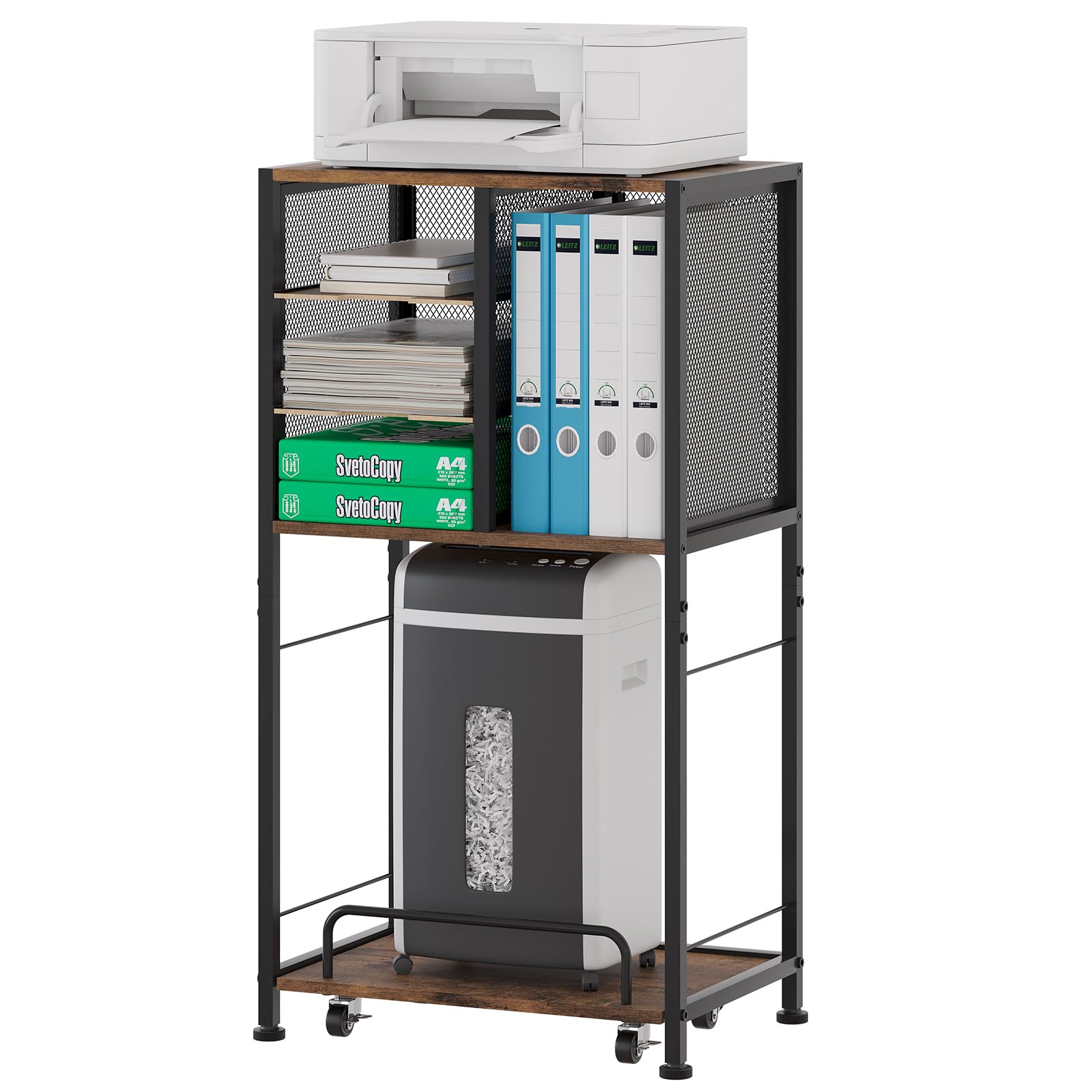 EasyPAG Support d'imprimante 4 compartiments A4 en métal et bois - Avec chariot coulissant mobile - Étagère d'imprimante pour fax, photocopieur, scanner, marron