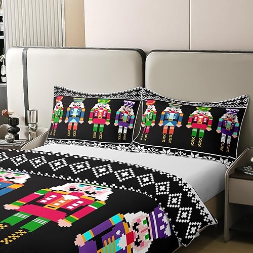 Miniatura 4 de Funda de edredón de cascanueces de 100 % algodón, tamaño King, juego de ropa de cama retro de Navidad para niños y niños, funda de edredón colorida