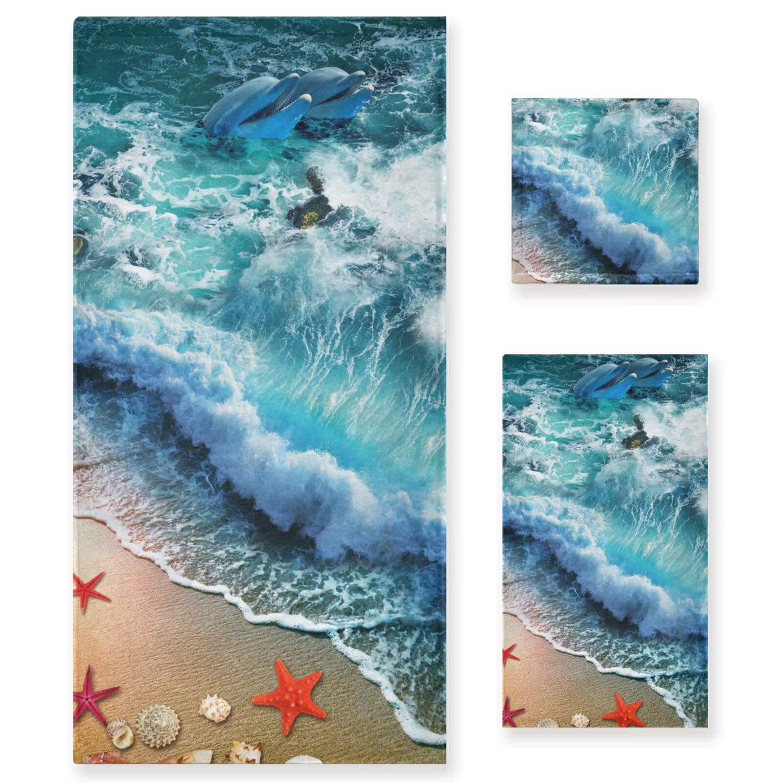 Starfish on the Summer Beach Sand with Blue Ocean Water Waves Dolphin Set of 3 Highly Soft Absorbent Cotton Towels, 1 Bath Towel, 1 Hand Towel, 1 Face Washcloth for Spa Bathroom Hotel Kitchen Gym