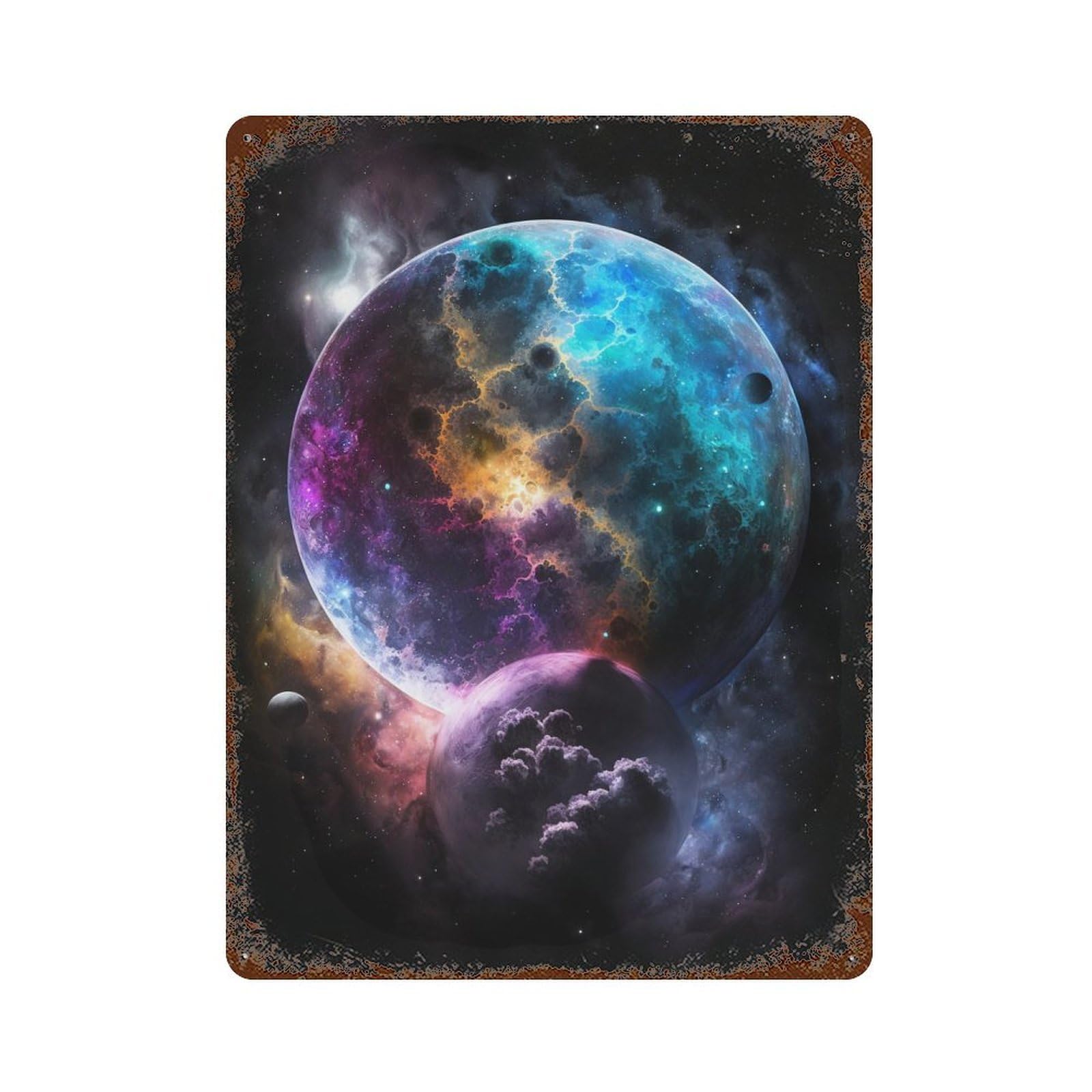 Distressed Metal Wall Sign with Cosmic Fantasy Planet Design 15.7"x11.8", for Cafe, Home Bar And Lounge Decor, Retro Wall Decor