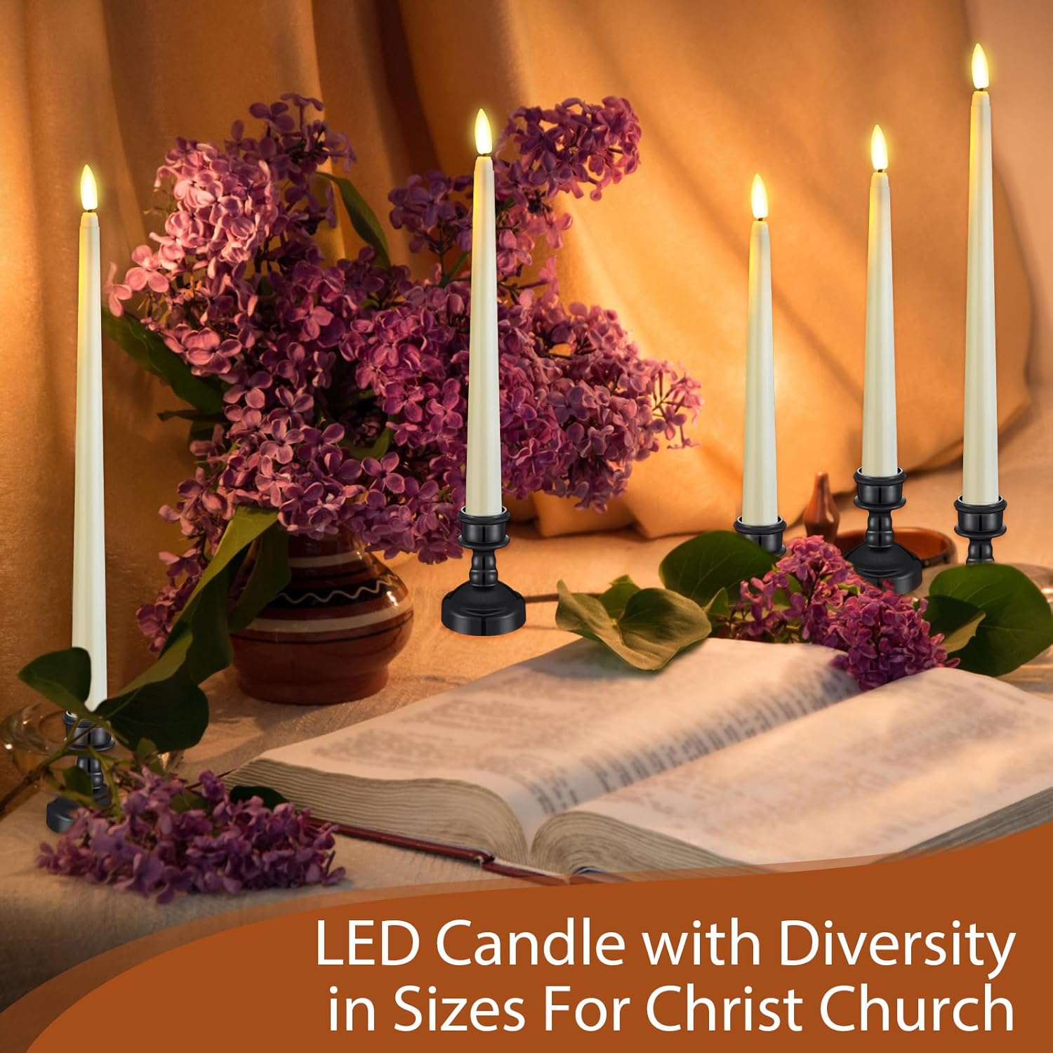 Rossesay 12 Pcs Flameless LED Taper Candles with Candlestick Battery Operated 8.5" 9.6" 10.8" 12.8" Flameless Flickering Candlesticks for Christmas Wedding(Black Holder & Ivory Candles)