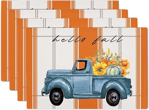 Hello Fall Placemats Set of 4 Harvest Pumpkin and Sunflowers Mat Placemat Washable Heat-Resistant Autumn Thanksgiving Orange Linen Table Mats for Kitchen Dining Home Party Decor 1218 Inch