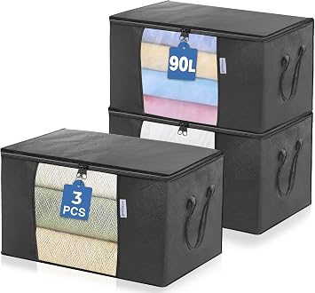 ACRALI HOME 90L Large Storage Bags with Zips- 3 Pack Foldable Clothes Storage Bag Organizer, Reinforced Handle and Transparent Window, Breathable Thick Fabric for Comforters, Blanket and Bedding- Grey