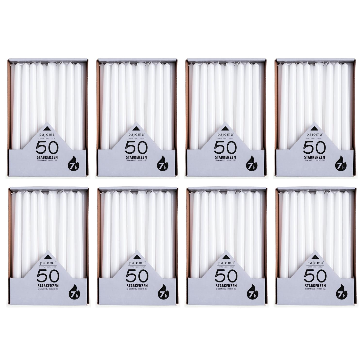 pajoma® Stabkerzen Weiß 400 Stück | Höhe 25 cm, Brenndauer ca. 7 Stunden | Duftfrei, vielseitig einsetzbar für Kerzenhalter, Deko & festliche Anlässe