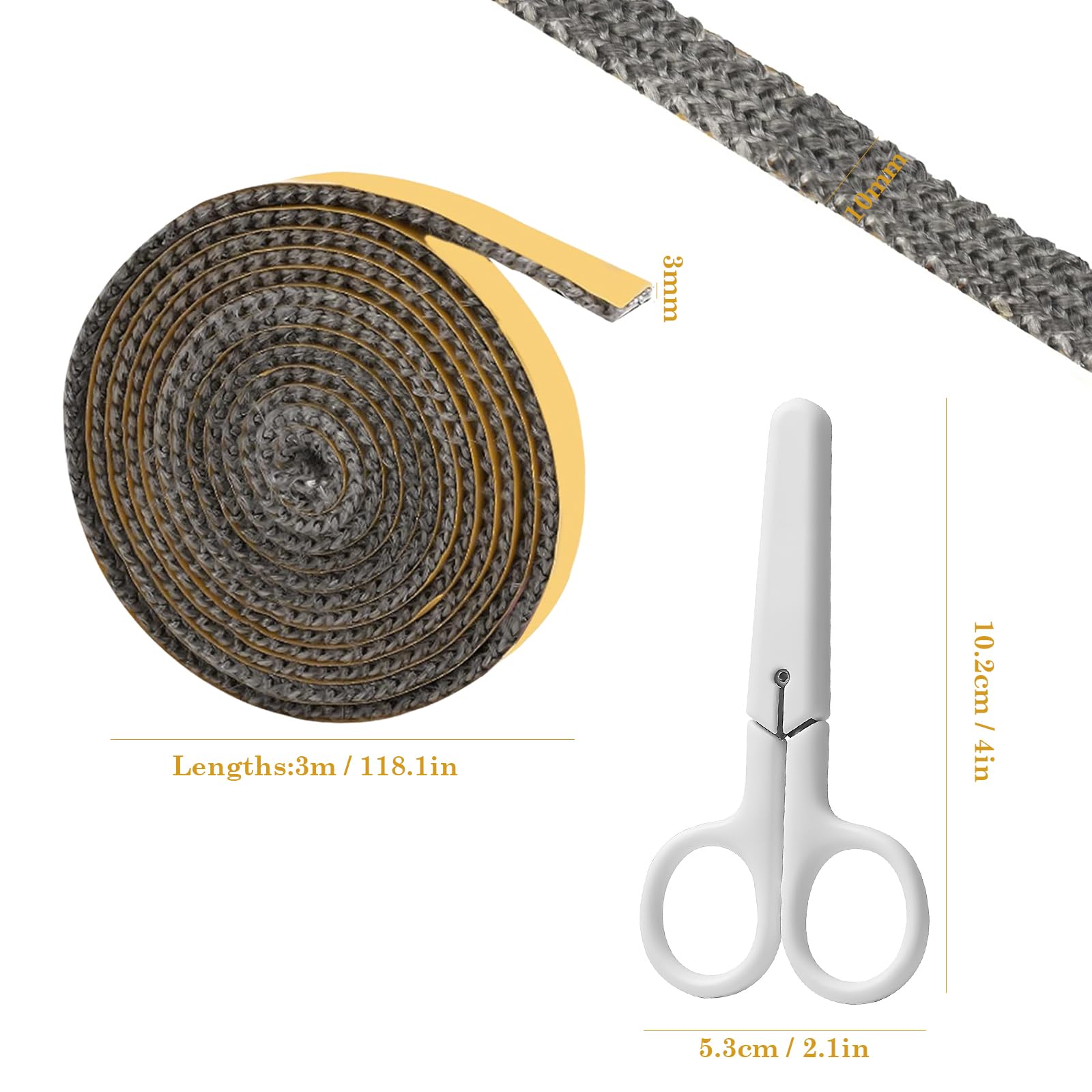 Guarnizione Stufa a Legna, Corda Ermetico Autoadesivo, Triscia Sigillante Resistente al Calore, Guarnizione Forno, Autoadesiva, per Caminetto e Affumicatore Caminetti e Stufe (3mm×10mm×3m)