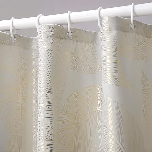 Taisier Home Juego de cortinas de ducha con hojas doradas metálicas impresas en tela beige grisáceo, cortina de ducha con ojales, 72 pulgadas de
