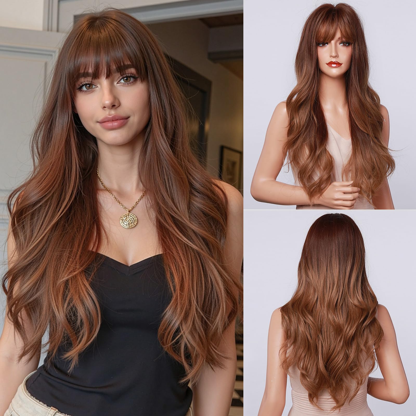Esmee 24 Inch Long Honey Brown Ombre Wig with Bangs for Women Synthetic Wigs Natural Wave Heat Resistant Hair Wigs for Daily Party Cosplay Use