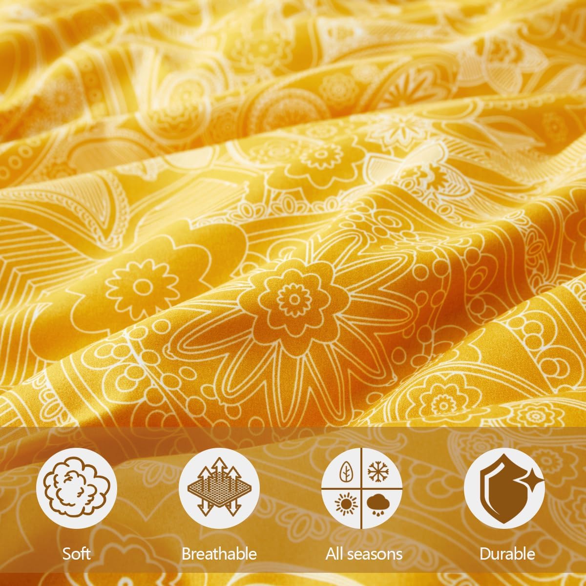 Duvet Cover Set – Soft & Breathable Microfiber Bedding, All Season Comforter Cover with Zipper Closure & Corner Ties, 3 Piece Set (Queen (U.S. Standard), Yellow Paisley Boho)