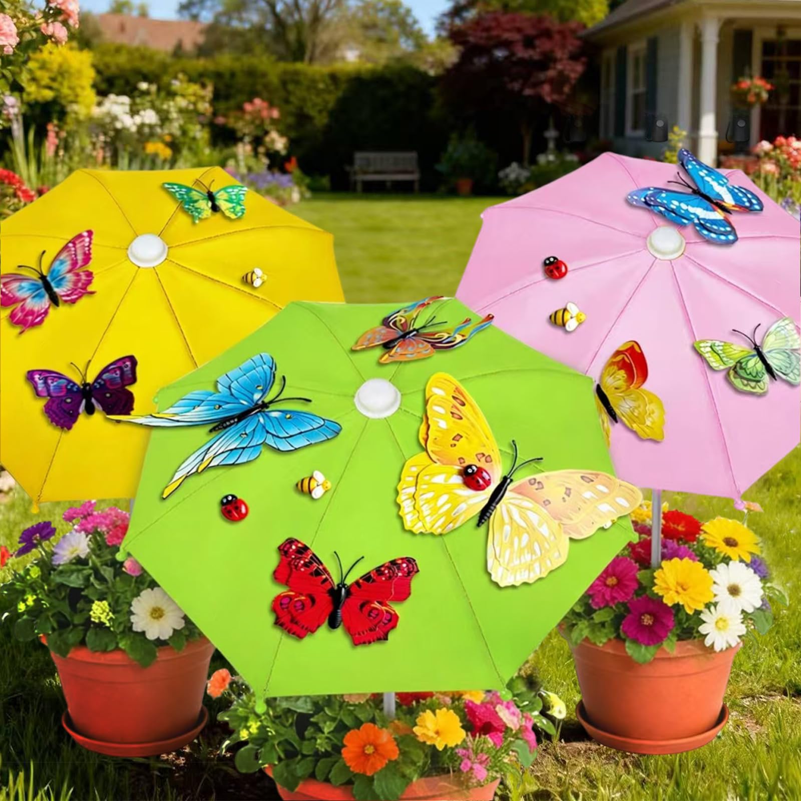 Photo 1 of Avalessia 3 Pack Plant Umbrellas, Pink/Yellow/Green