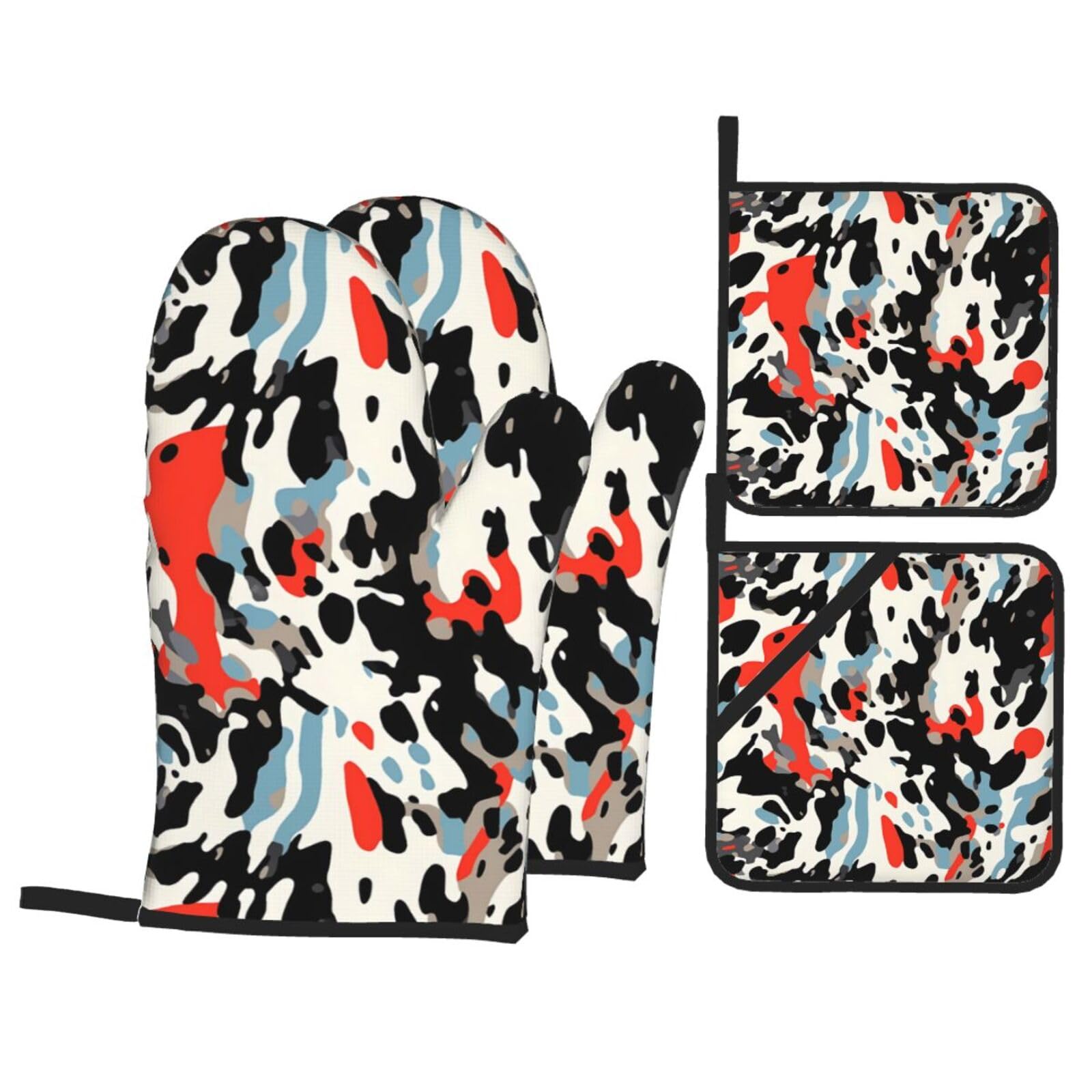 HJFCZH Cow Print Picture Kitchen Baking Set of 4 Thick Insulated Oven Mitt & Pot Holders, Anti-Scalding for Microwave, Oven, Outdoor BBQ