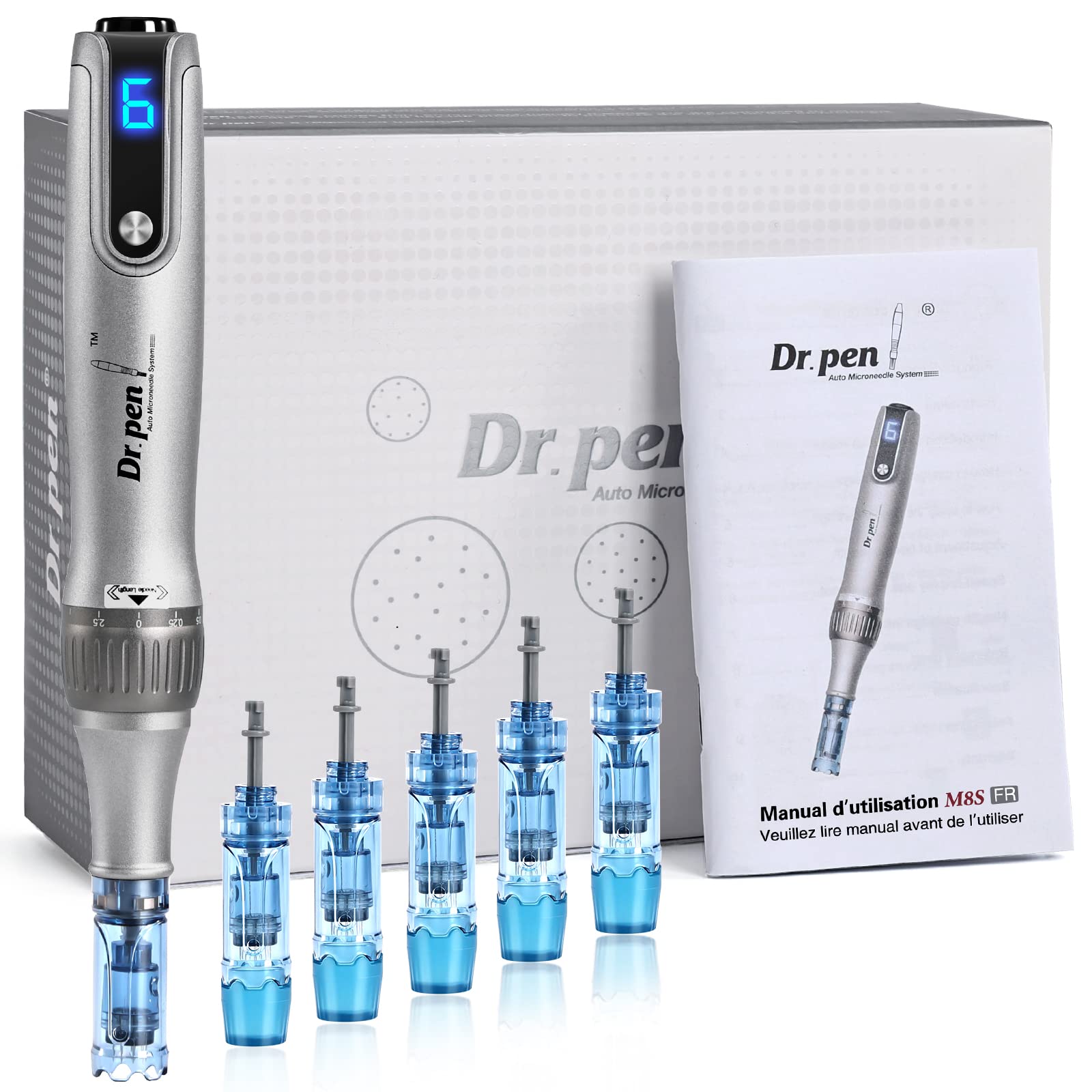 Microneedling Pen M8S, Professionnel Dr.pen avec 6 Aiguilles (3x12 Pin + 3x36 Pin) Dermapen Pour le Visage, le Corps et la Croissance des Cheveux, 6 Niveaux de Vitesse et Profondeur Réglable de 0-2,5