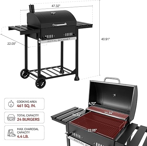 Miniatura 3 de Royal Gourmet CD1824ET - Parrilla de carbón móvil con mesas laterales plegables, parrilla de barbacoa para exteriores con área de cocción de 470