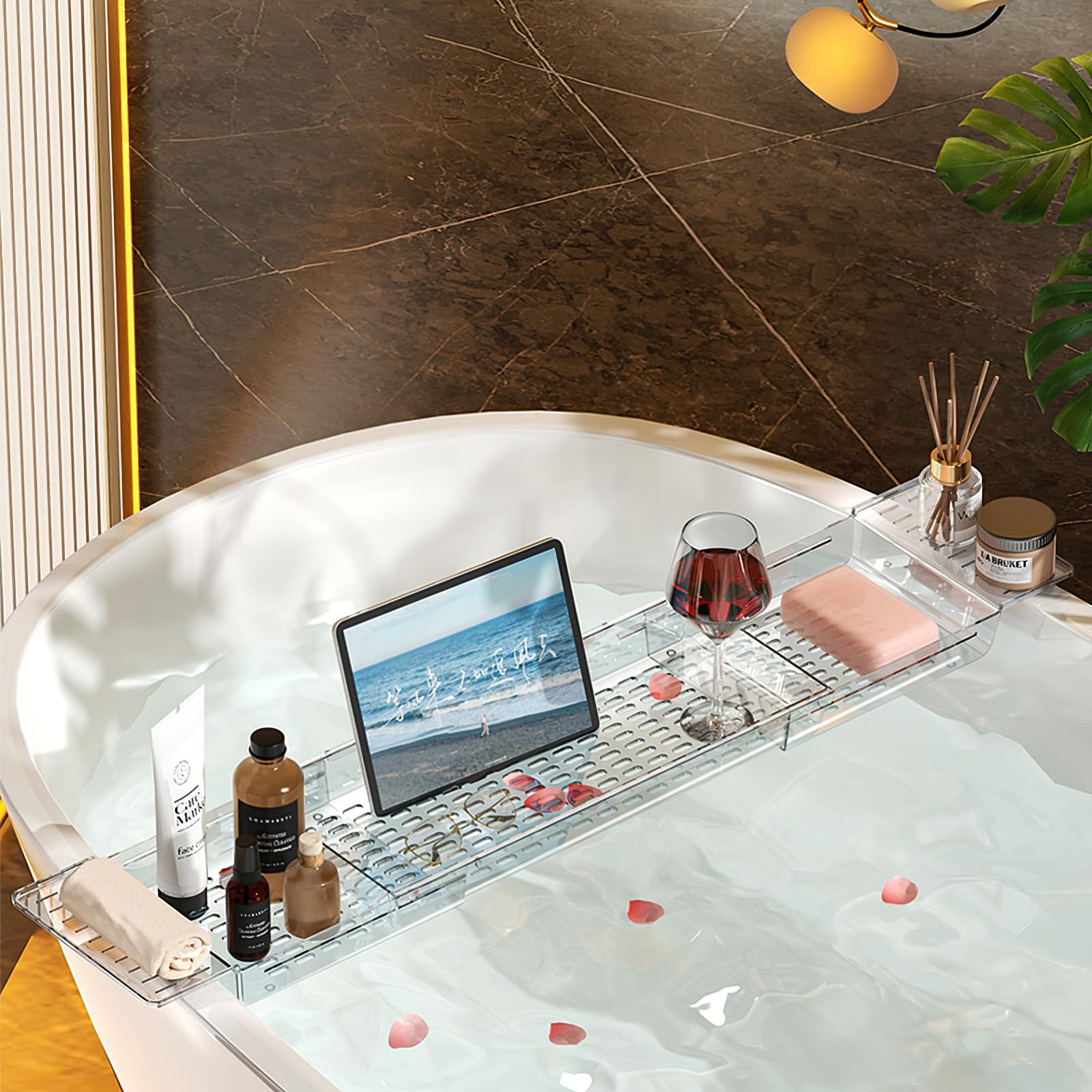 Ushioart Acrylic Bathtub Caddy Tray - Adjustable Bath Tray Holder, Luxury Spa Expandable Size Bath Tub Organizer Fits Most Tubs, Cosmetic Display Cases