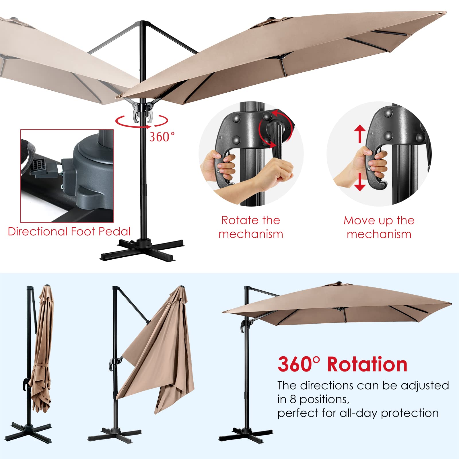 KOMFOTTEU Ombrellone da giardino, 300 cm, pieghevole e regolabile in altezza, da balcone, rettangolare, da spiaggia con base a croce, ombrellone stabile e di alta qualità, marrone, 300 x 300 cm