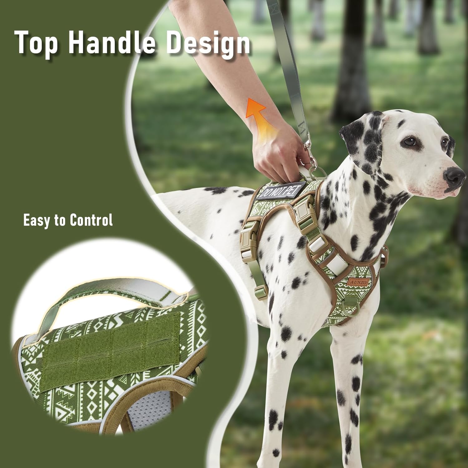 AUNZO Service Dog Vest Harness with 2 Velcro Patches, No Pull Dog Harness for Walking Training Hiking, Metal D-Rings Easy on/Off Neck Buckle Reflective Strips Soft Padded Handle, Green