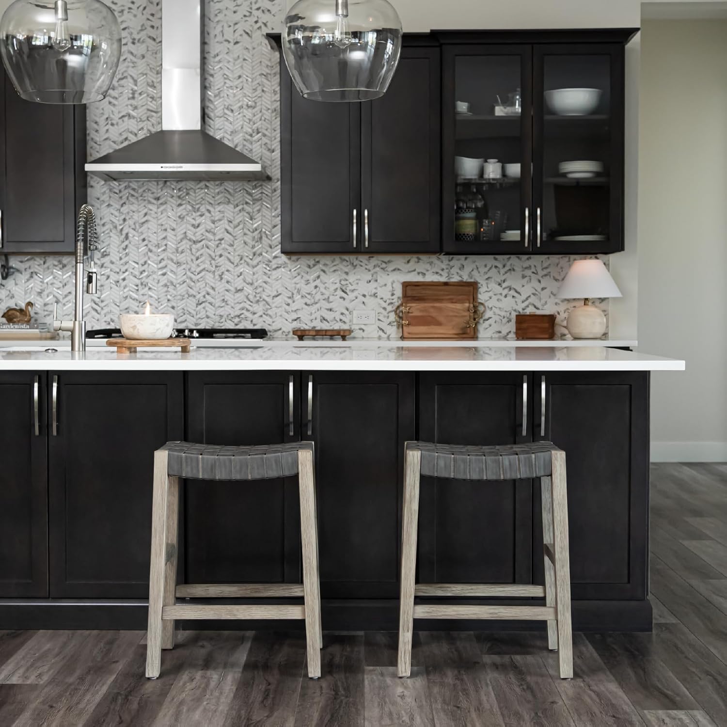 Maven Lane Emerson Counter Stool – 26 Inch – Rectangular Stool with Footrest – Grey Solid Wood & Grey Woven Leather Seat – Perfect for Kitchen Counters & Islands