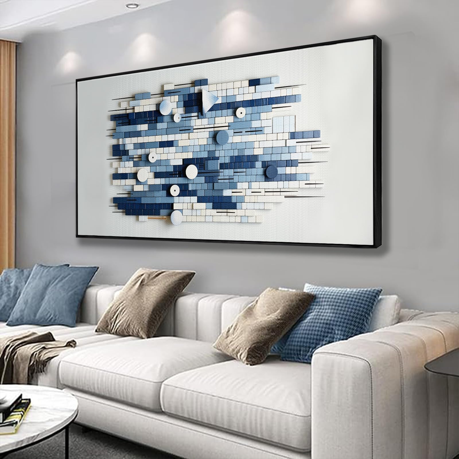 Framed Wall Art Canvas Artwork Blue and White Diagramblock Canva paintings Wall Decor Modern Home Bedroom art Office Decor 24"x48" Stretched and Framed Ready to Hang