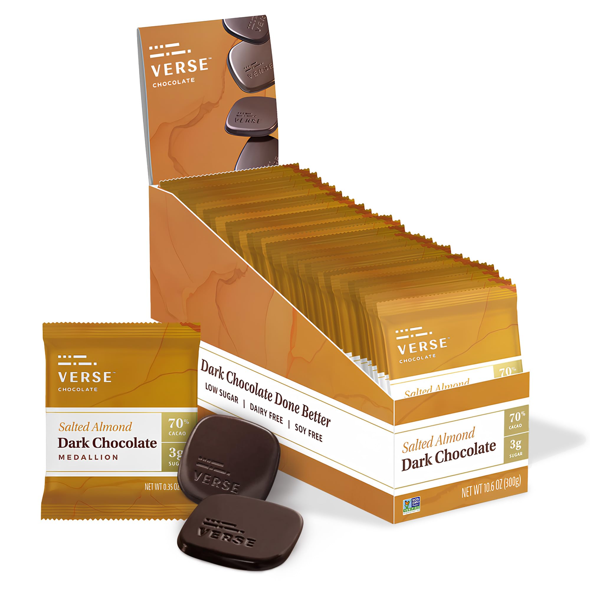 Verse 70% Dark Chocolate with Almonds - Only 3g Cane Sugar - Creamy Dark Cocoa Squares - Individually Wrapped Chocolates (30 Count)