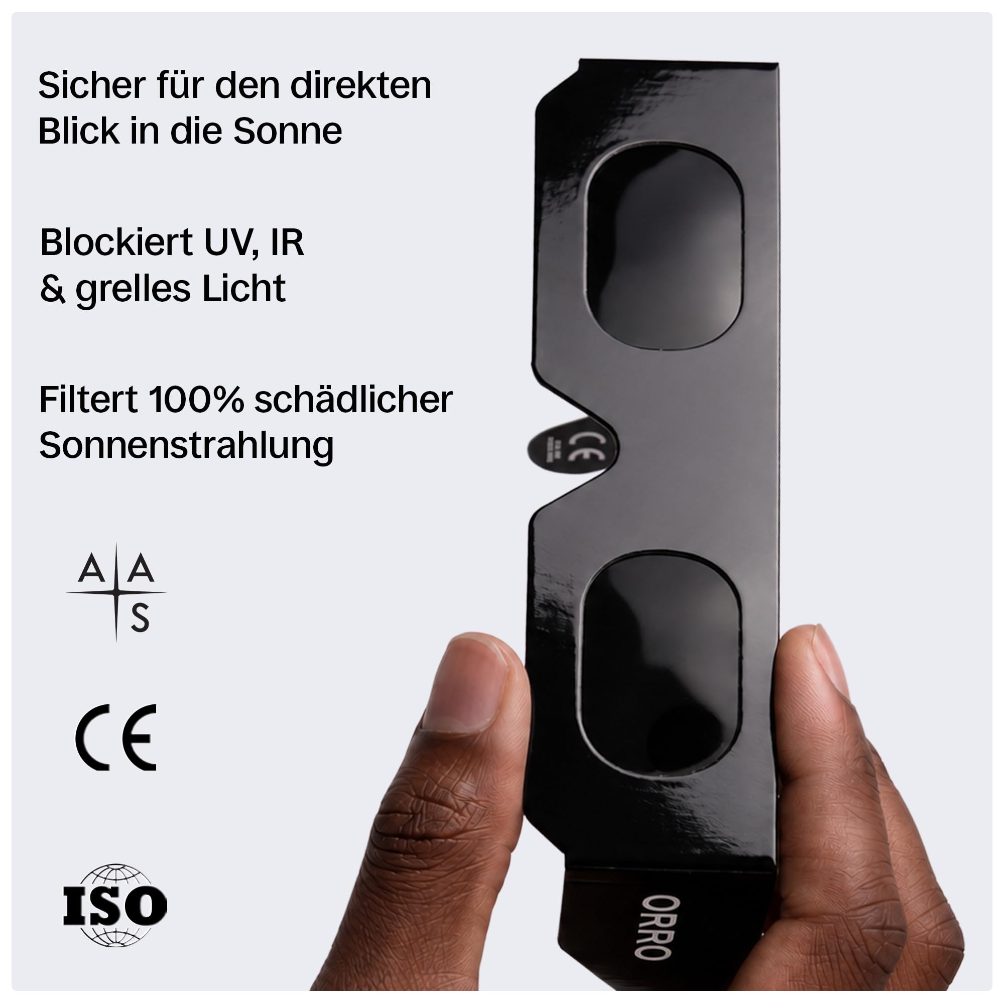 ORRO Sonnenfinsternis-Brillen 40 mm, 2er-/6er-/12er-Pack, Schwarz, Zertifizierter Augenschutz, EN ISO 12312-2:2015 geprüft, CE-gekennzeichnet für direkte Sonnenbeobachtung – Moderne Passform