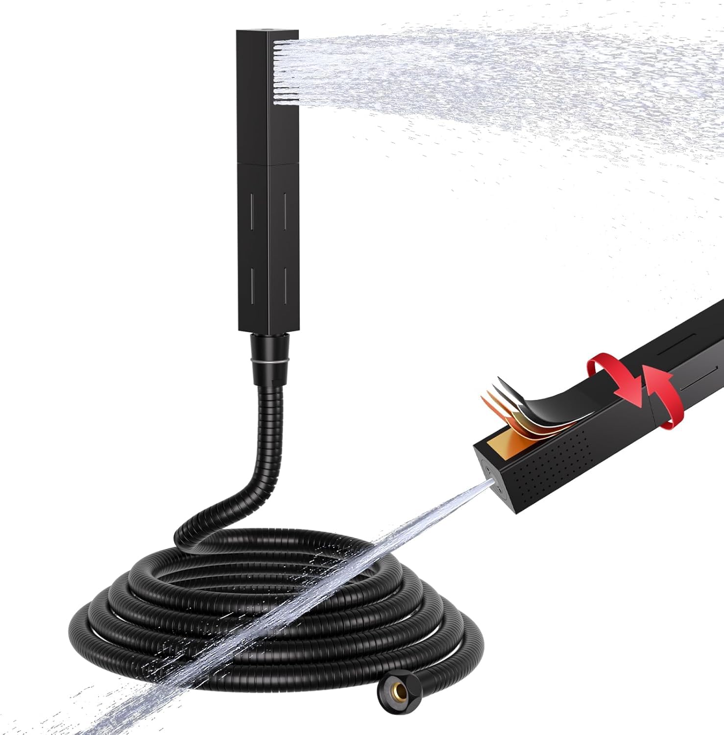 Pommeau de douche à main noir mat carré en laiton haute pression avec flexible 150 cm