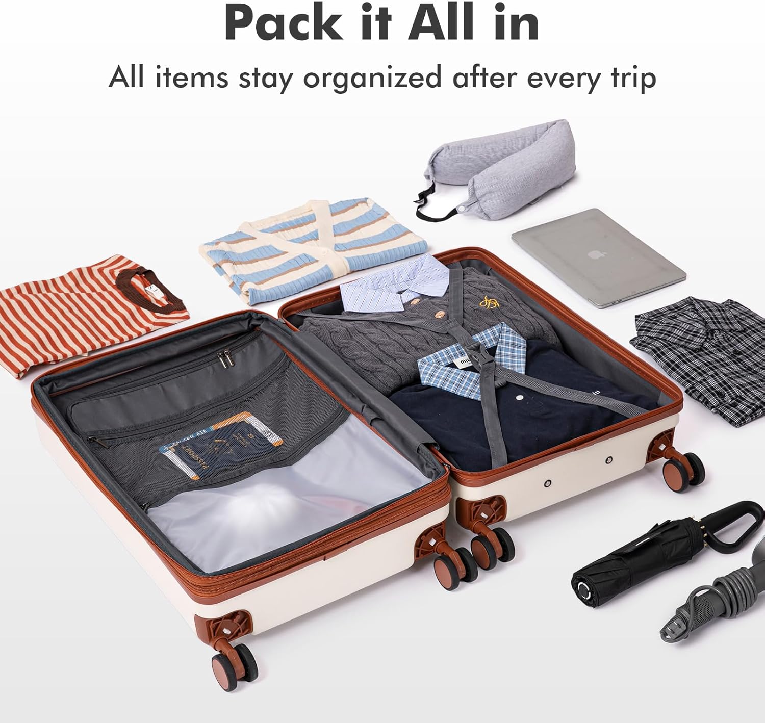 luggage sets 3 Piece with Spinner Wheel,100% PC Material Lightweight Durable,Expandable Carry On Travel Hardside Suitcase sets with TSA Lock for Men and Women (White+brown) image 8 of 8 B0FG81XVRT