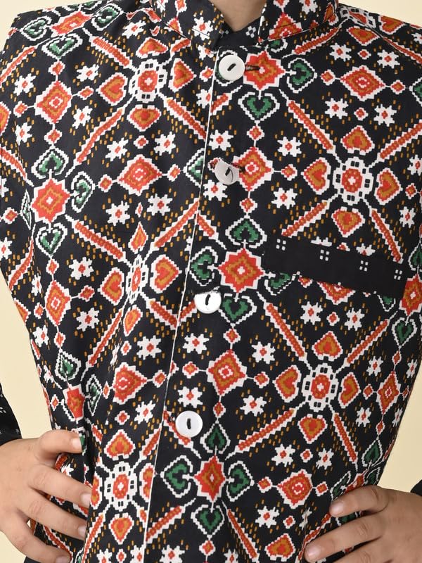Image of superminis Boys Cotton Printed Full Sleeves Kurta With Ajrakh Printed Jacket and Pyjama Set