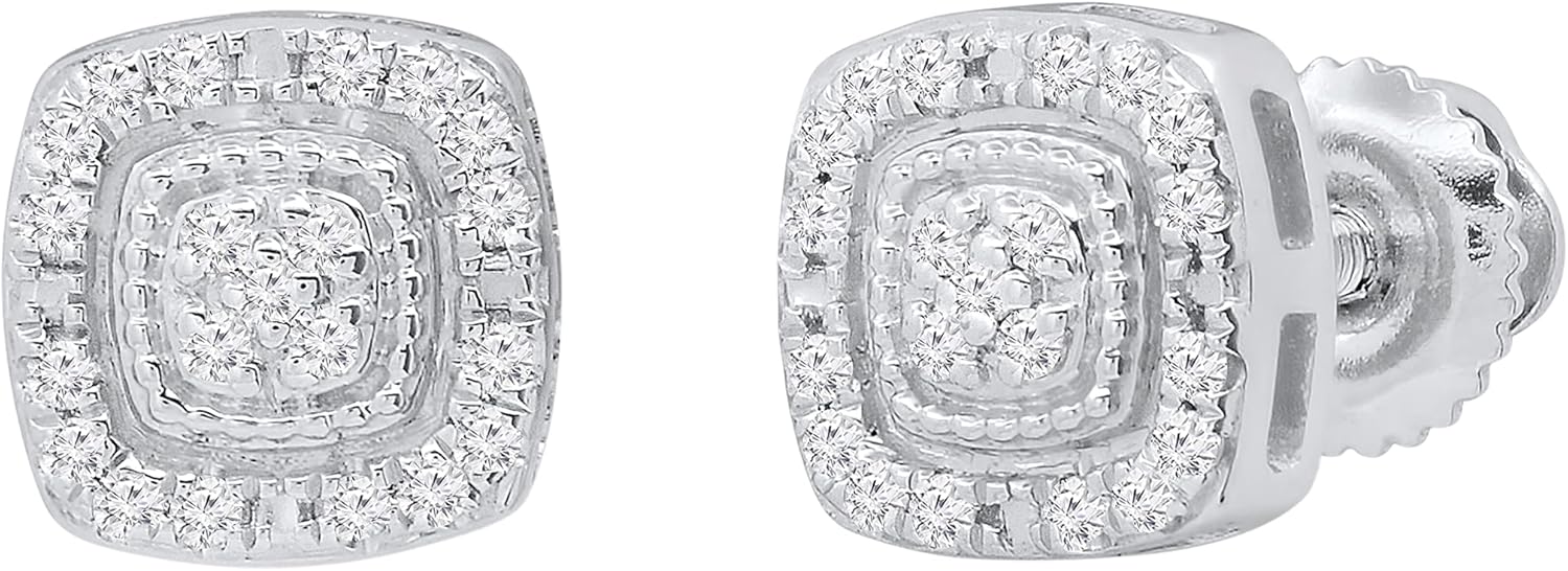 Dazzlingrock Collection Natural Round White Diamond Cushion Frame Enclosed Borderline Fashion Screwback Stud Earrings for Women (0.10 ctw, Color I-J, Clarity I2-I3) | 925 Sterling Silver
