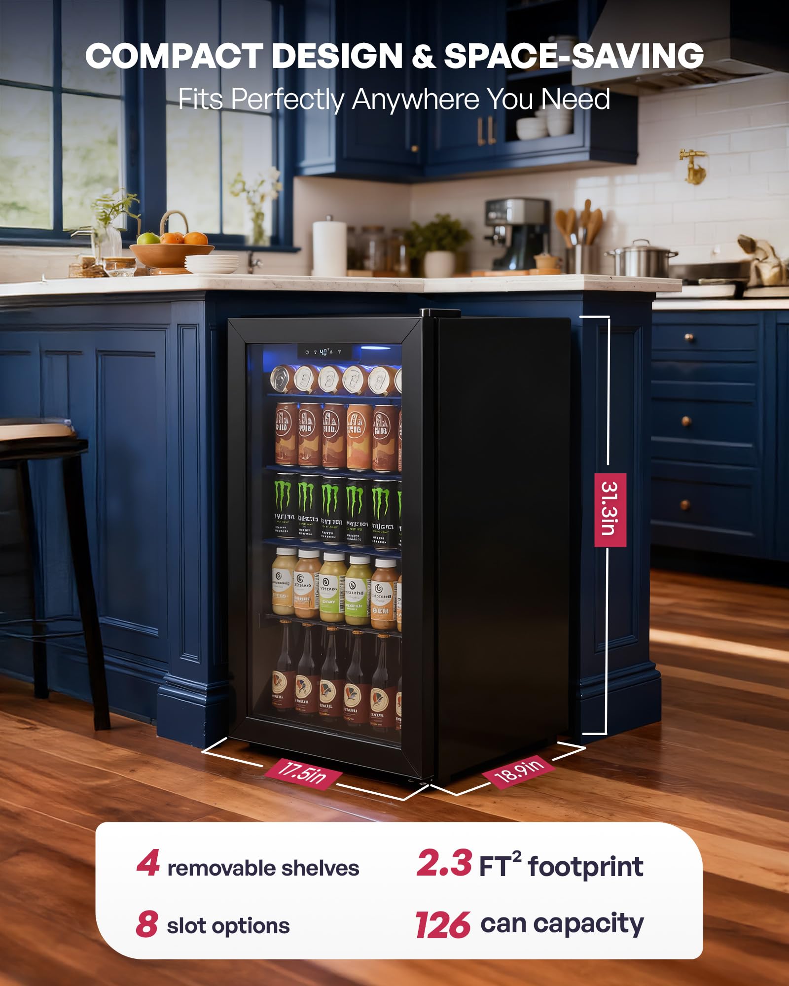 Icyglee Beverage Refrigerator Cooler, 126 Can Mini Fridge With Glass Door For Wine, Soda Beer, Beverage Cooler For Home, Bar, Office With Adjustable Removable Shelves, Black on Fridge.com - View 2