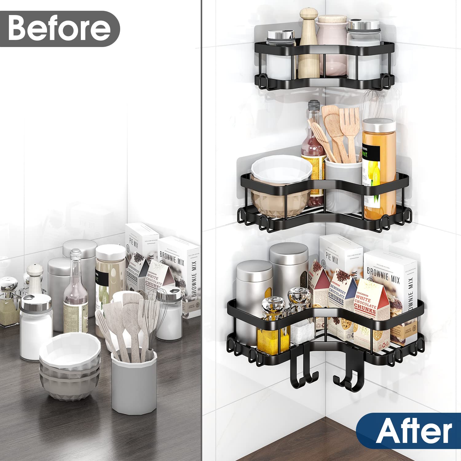 4 Pack Corner Shower Caddy,Shower Organizer,Adhesive Stainless Steel Bathroom Shelf with Soap Dish Holder and 15 Hooks,No Drilling