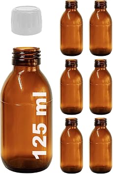 Afracam Amber Ecza Şişesi, 125 ml, Kahverengi Cam, Plastik Contalı Kilit Kapak, Hava ve Sıvı Sızdırmaz, 28mm Ağız Çaplı, Parfüm Demlemek İçin Uygun, 6 Adet (125 ml, Beyaz Kapak)
