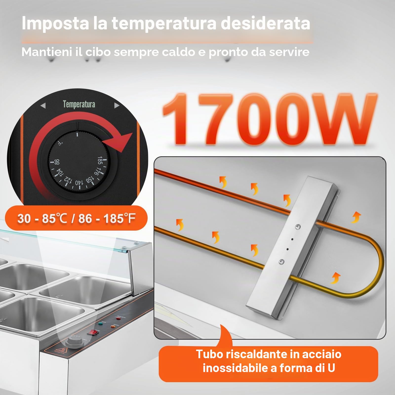 VEVOR Scaldavivande Commerciale con 8 Recipienti (8,8 L / 1/2 Dimensioni Ciascuno) Tavolo a Vapore Elettrico con Copertura in Vetro 1700 W Scaldavivande da Tavolo, Controllo della Temperatura 30-85 °C