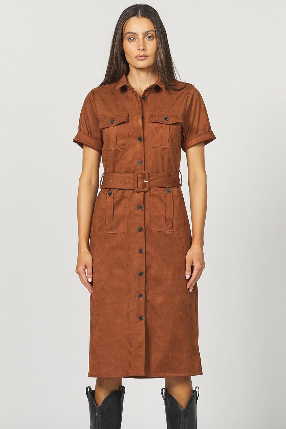 DEAR JOHN Raquel Dress Midi Length Classic Fit Button Front Collared Short Sleeve Self Belted - Image 2