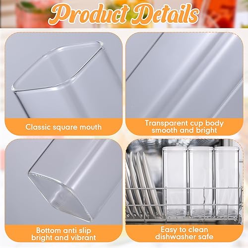 Miniatura 4 de Inbagi 6 vasos cuadrados delgados de vidrio cuadrados transparentes para cocina, elegantes vasos de bar, vasos altos para agua, vino, jugo, cóctel,