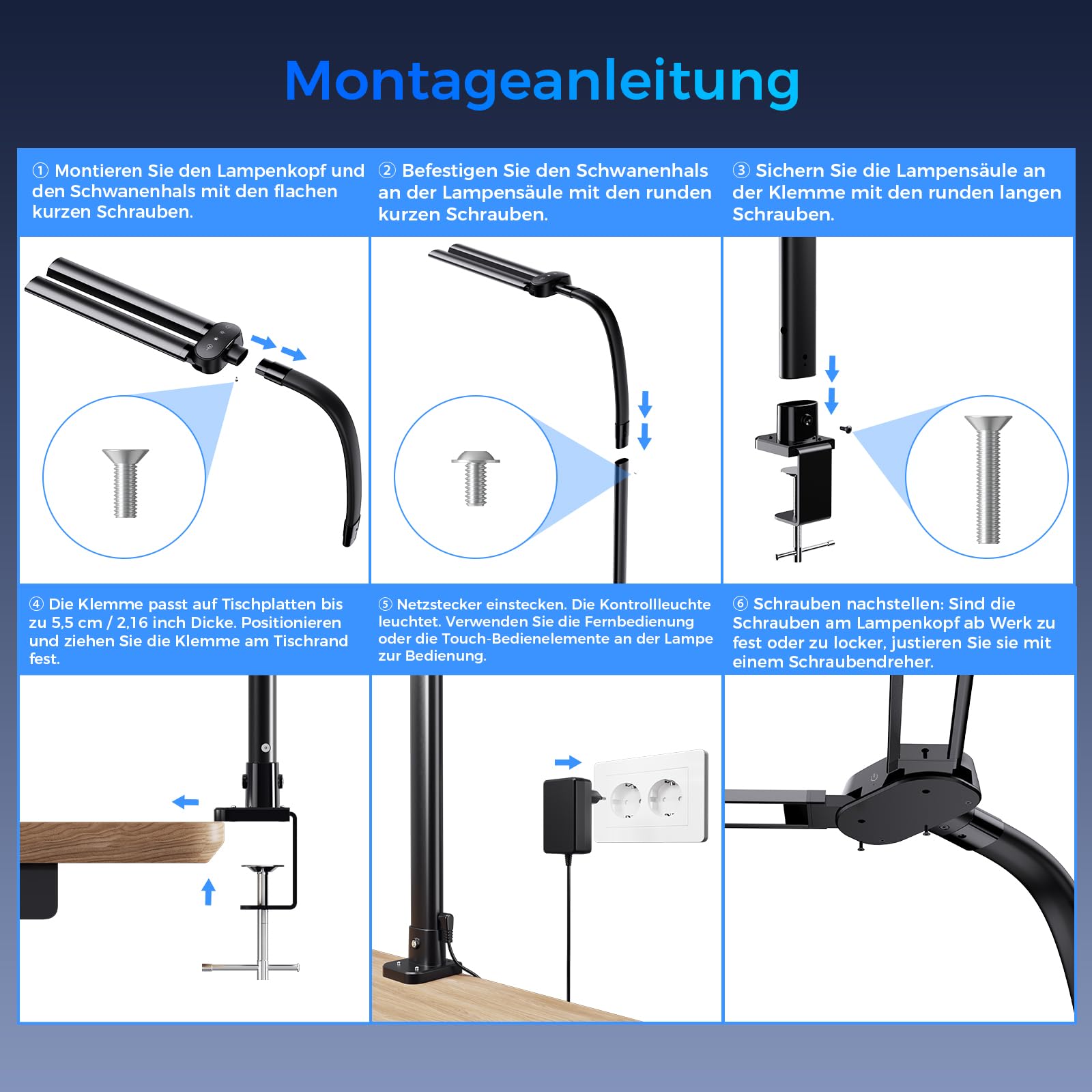 Schreibtischlampe LED Dimmbar - 1400LM 24W Doppelkopf Klemmbar Büroschreibtischlampe mit Fernbedienung, 80CM Schwanenhals Schreibtisch Lampe Tageslichtlampe mit Ladefunktion, Schwarz T01
