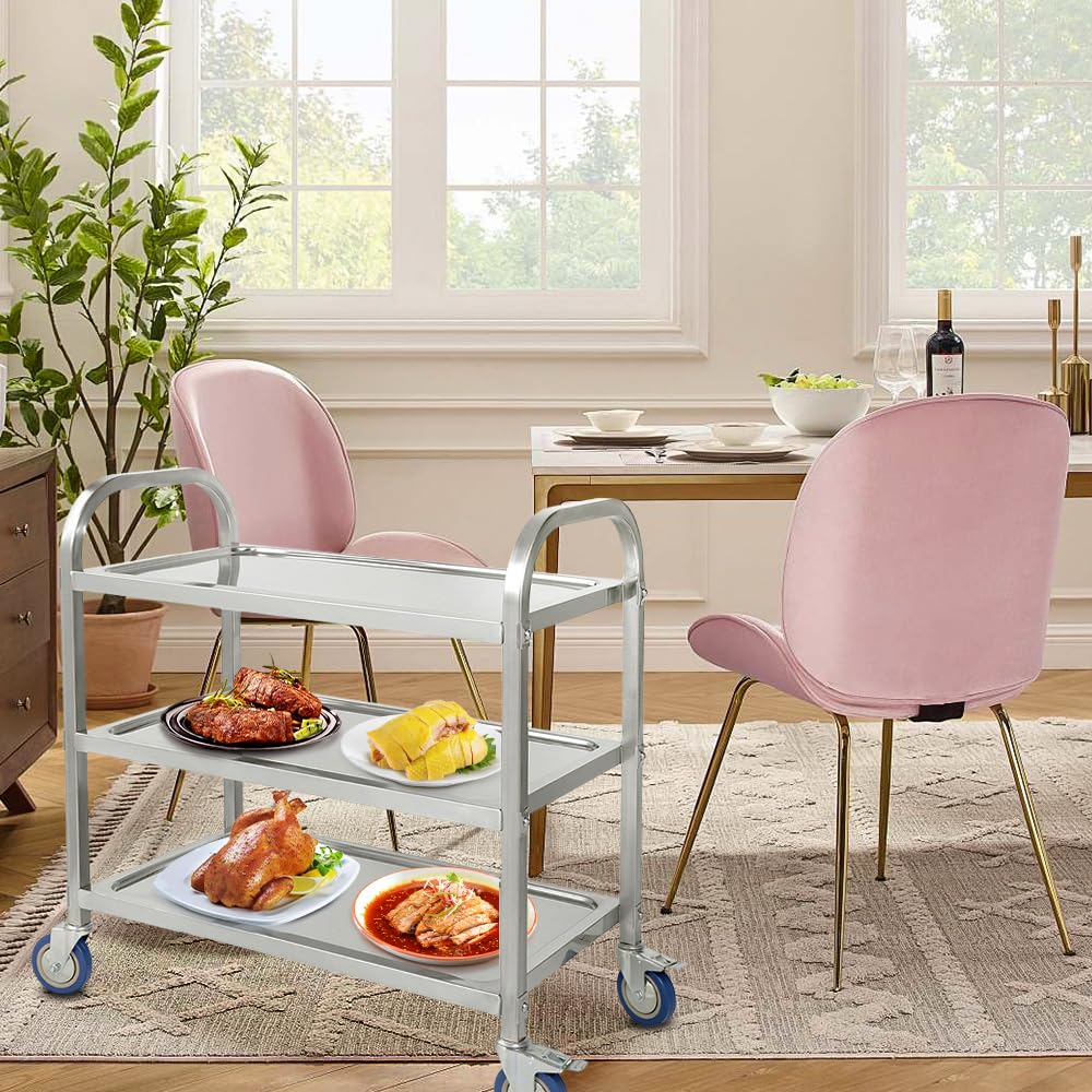 LANTUS Carro de servicio de cocina con ruedas de 3 estantes, carrito de servicio con ruedas, 95 x 55 x 95 cm, acero inoxidable. Cromado