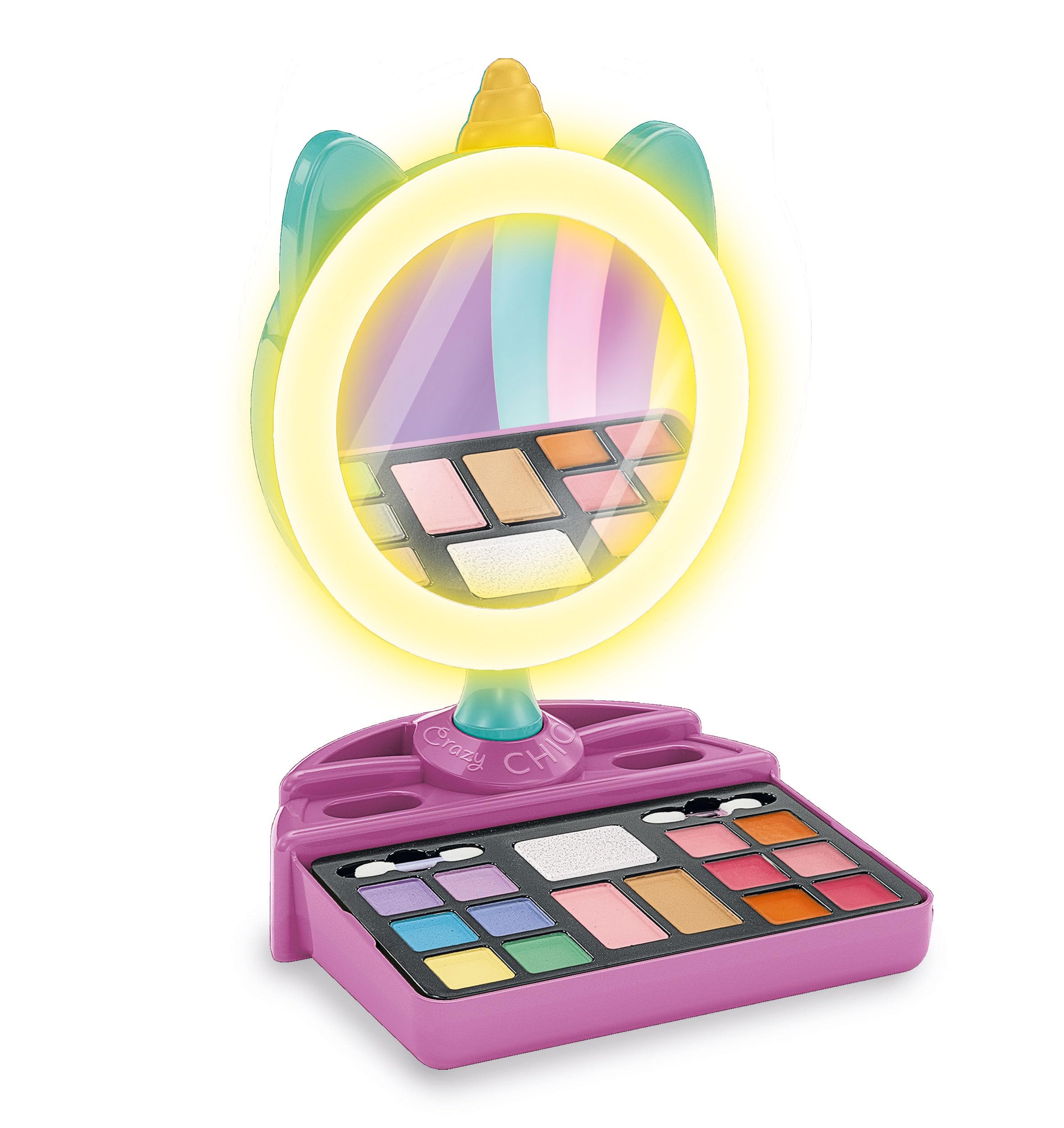 Clementoni Crazy Chic - Make-up Unicorn Mirror, Trousse Trucco Lavabile per Bambine 6+ Anni, Set Completo con Cosmetici e LED Ring Light, Gioco Creativo e Idea Regalo, 18855
